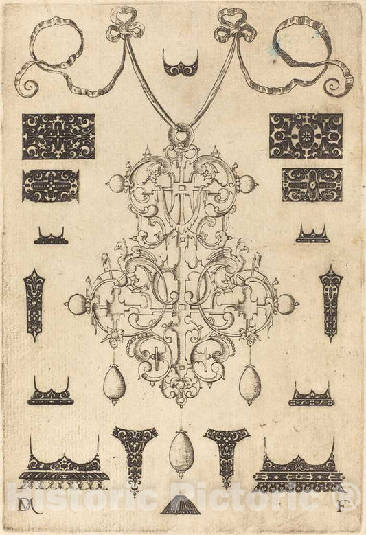 Art Print : Daniel Mignot, Large Pendant with Three Drops Below, Surrounded by Fifteen Different Studs, 1593 - Vintage Wall Art