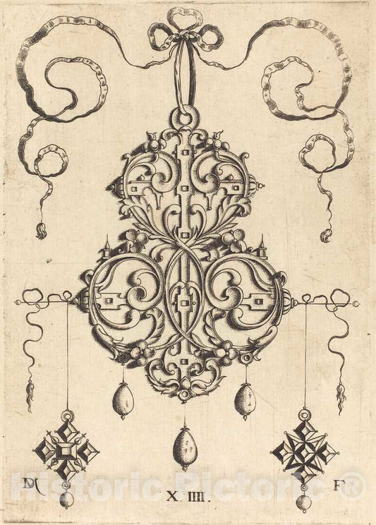 Art Print : Daniel Mignot, Strapwork Pendant with Three Drops and Two Cross-Shaped Pendants as Earrings at Left and Right - Vintage Wall Art
