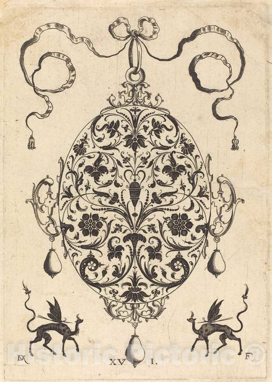 Art Print : Daniel Mignot, Large Pendant, Upright Oval with Floral Ornament, 1596 - Vintage Wall Art