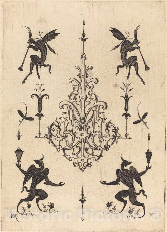 Art Print : Daniel Mignot, Brooch with Fantasy Creatures Blowing Horns at Top and Winged Griffins at Bottom, 1596 - Vintage Wall Art
