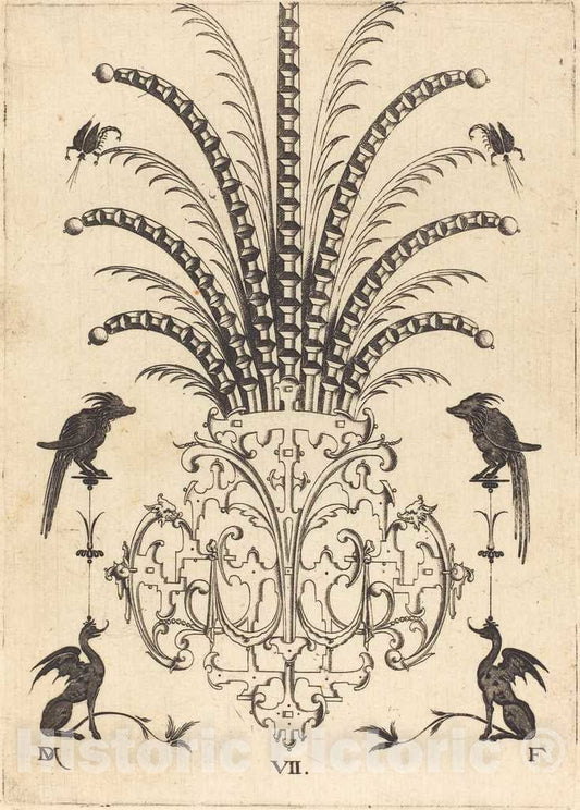 Art Print : Daniel Mignot, Brooch with Table-Stones, Flying Scorpions at Top, and Dogs at Bottom, 1596 - Vintage Wall Art