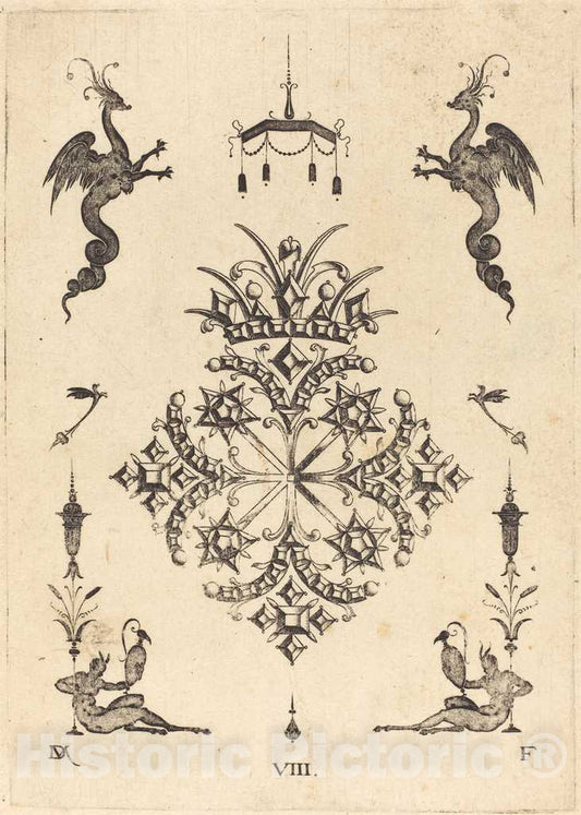 Art Print : Daniel Mignot, Brooch with Fantasy Animals at Top and Fauns with Vases at Bottom, 1596 - Vintage Wall Art