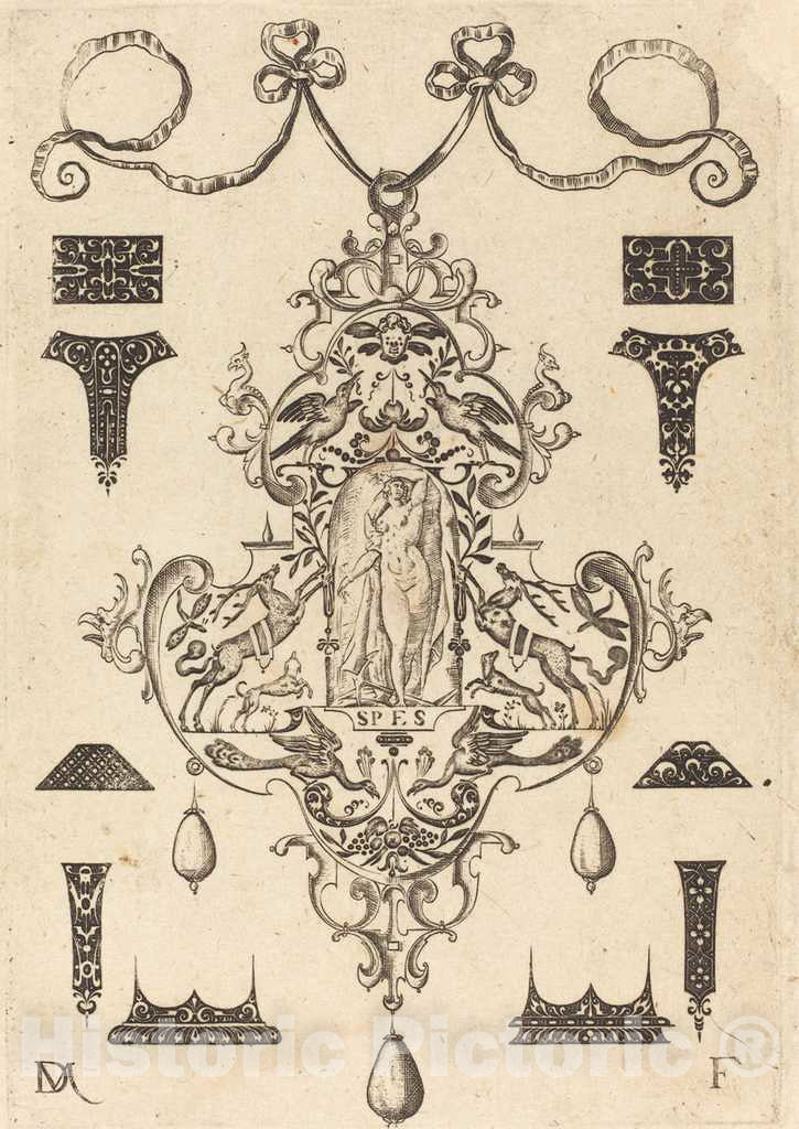 Art Print : Daniel Mignot, Large Pendant, Hope Standing at Centre, 1593 - Vintage Wall Art