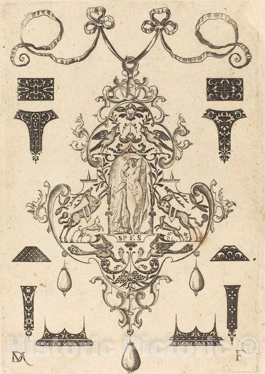 Art Print : Daniel Mignot, Large Pendant, Hope Standing at Centre, 1593 - Vintage Wall Art