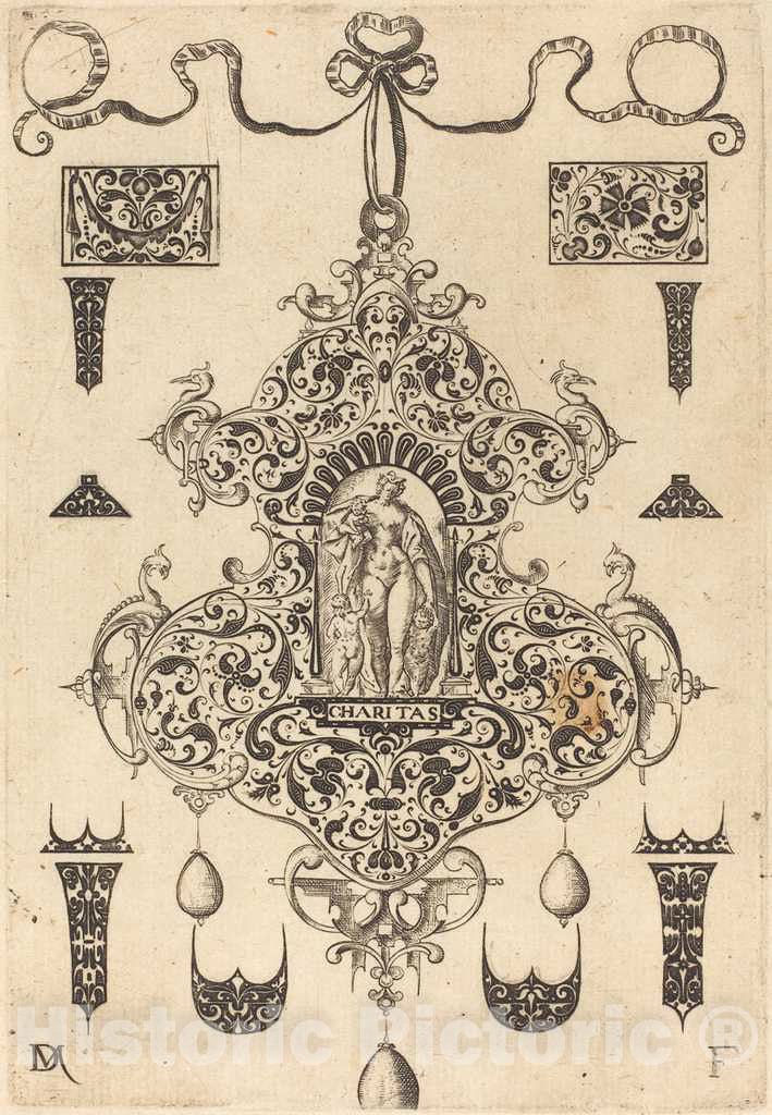 Art Print : Daniel Mignot, Large Pendant, Charity Standing at Centre, 1593 - Vintage Wall Art