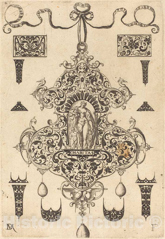 Art Print : Daniel Mignot, Large Pendant, Charity Standing at Centre, 1593 - Vintage Wall Art