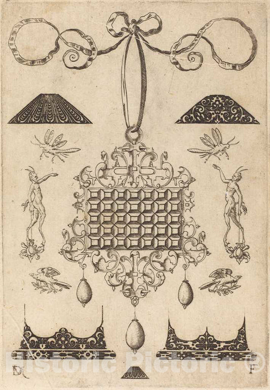 Art Print : Daniel Mignot, Large Pendant with Square with 35 Flat Stones, 1593 - Vintage Wall Art