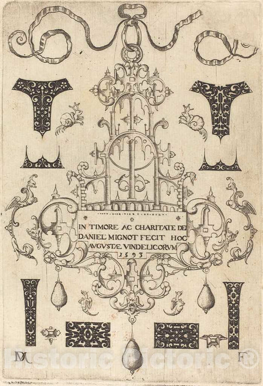 Art Print : Daniel Mignot, Title Page: Pendant, Surrounded by Eight Small Studs, 1593 - Vintage Wall Art