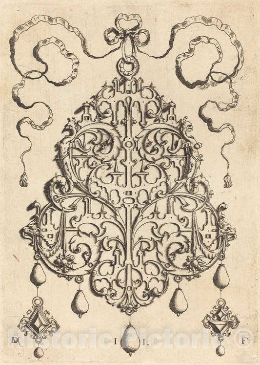 Art Print : Daniel Mignot, Large Strapwork Pendant with Two Hangers as Earrings at Left and Right - Vintage Wall Art