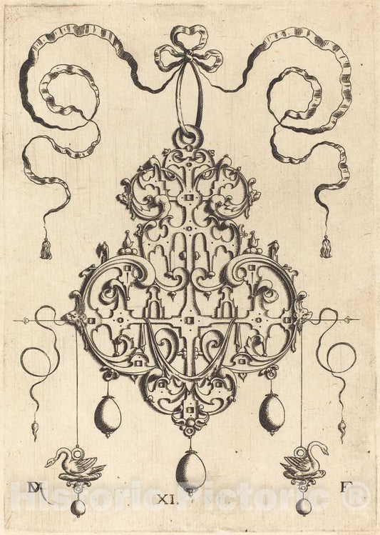 Art Print : Daniel Mignot, Strapwork Pendant with Two Swans as Earrings at Left and Right - Vintage Wall Art