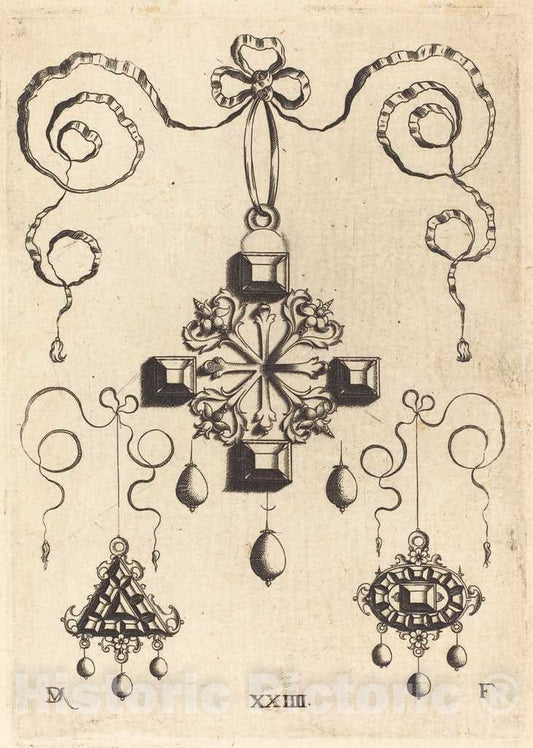 Art Print : Daniel Mignot, Pendant with Double Cross at Centre, Surrounded by Four Large Table-Stones - Vintage Wall Art