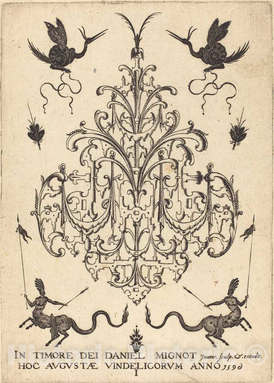 Art Print : Daniel Mignot, Title-Page: Brooch, Snail-Like Animals Above, Centaurs with Banners at Bottom, 1596 - Vintage Wall Art