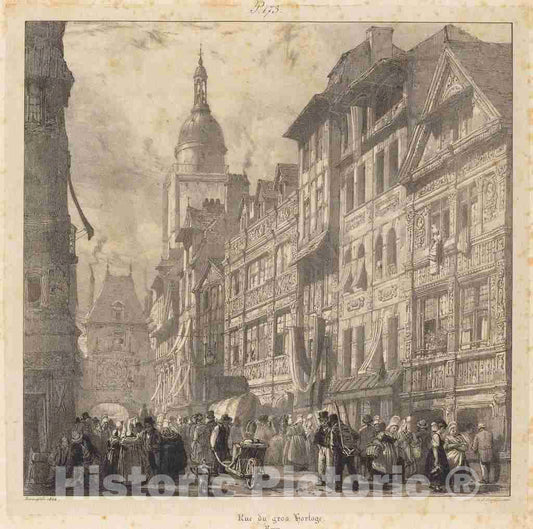 Art Print : Richard Parkes Bonington, Rue du gros-horloge, Rouen, 1824 - Vintage Wall Art