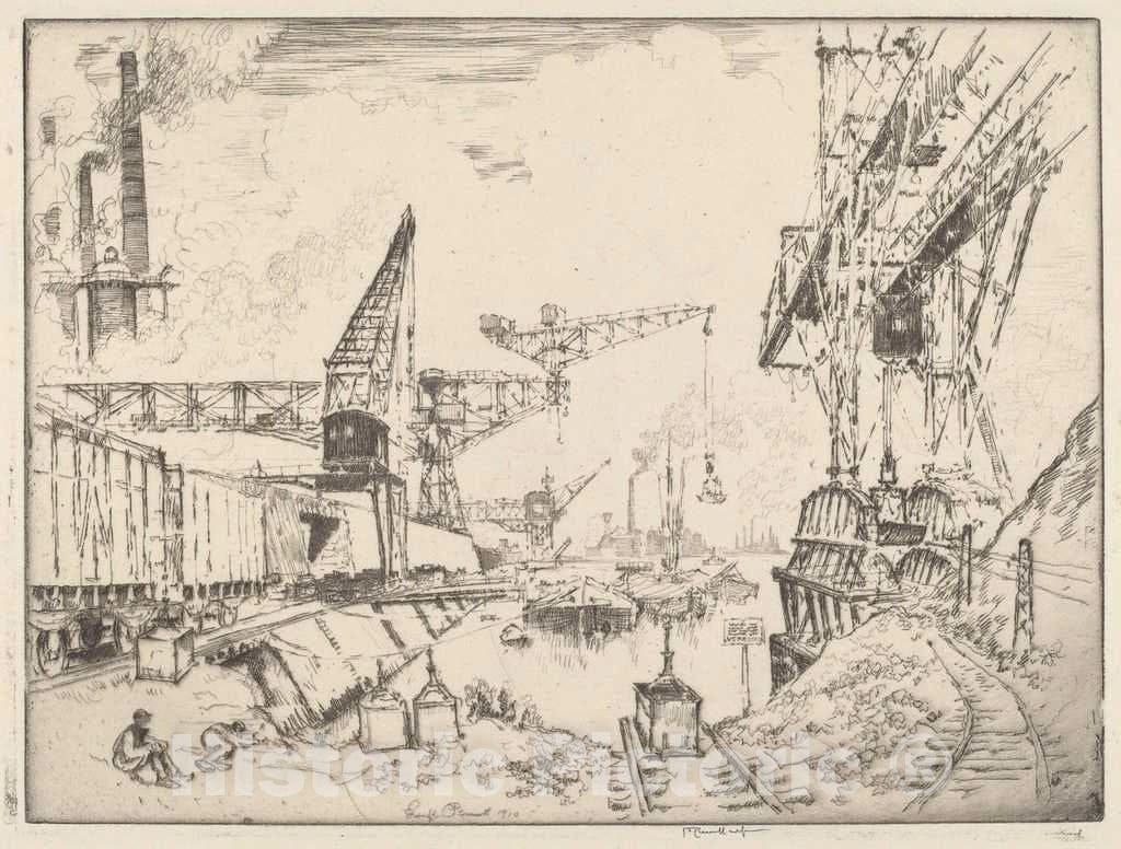 Art Print : Joseph Pennell, Cranes at Duisburg, 1910 - Vintage Wall Art