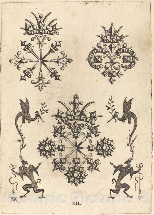 Art Print : Daniel Mignot, Three Brooches with Winged Snakes at Left and Right and Winged Griffins at Bottom, 1596 - Vintage Wall Art