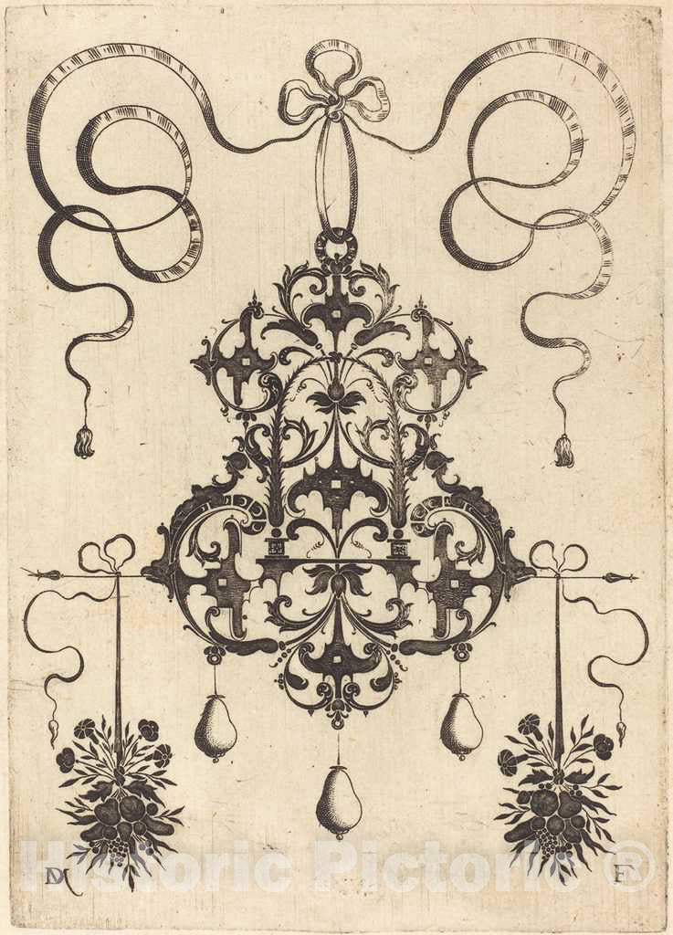 Art Print : Daniel Mignot, Large Pendant, Lower Left and Right Two Bunches of Grass, Flowers, and Fruit, 1596 - Vintage Wall Art