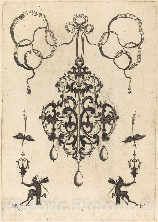 Art Print : Daniel Mignot, Large Pendant, Lower Left and Right Two Winged Devils Sitting on Pedestals, 1596 - Vintage Wall Art