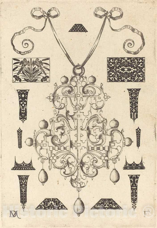Art Print : Daniel Mignot, Large Pendant, Surrounded by Thirteen Studs, 1593 - Vintage Wall Art