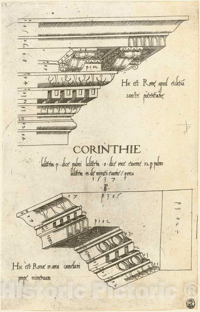 Art Print : Entablatures from Santa Pudenziana and The Arch of Camigliano, Rome, 1537 - Vintage Wall Art