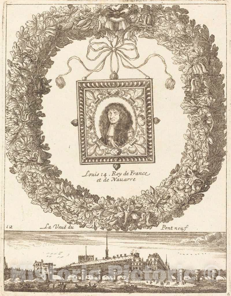 Art Print : FranÃ§ois Le Febvre, La veue du Pont Neuf; Louis XIV Roy de Franceet de Navarre, 1665 - Vintage Wall Art