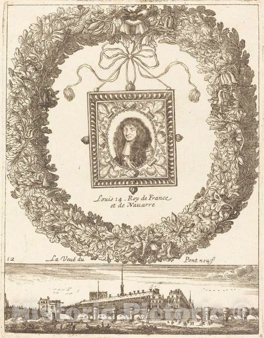 Art Print : FranÃ§ois Le Febvre, La veue du Pont Neuf; Louis XIV Roy de Franceet de Navarre, 1665 - Vintage Wall Art