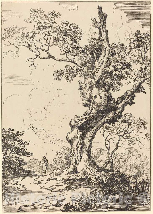Art Print : George Samuel, Study of an Old Oak Tree, Water on Right, a Man on Left, 1806 - Vintage Wall Art