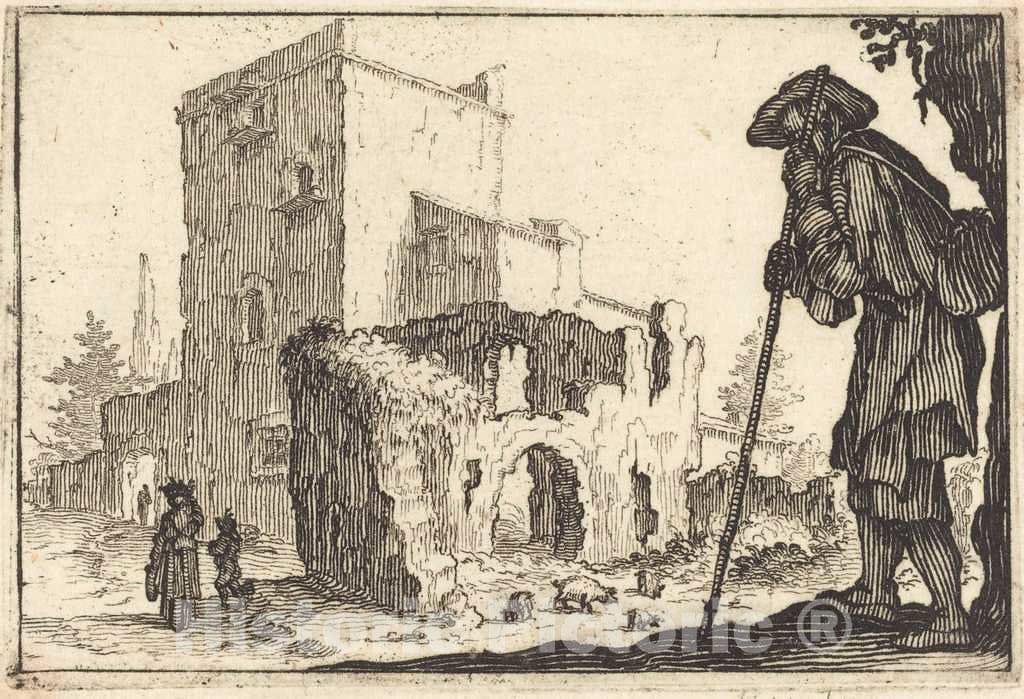 Art Print : Jacques Callot, Shepherd and Ruins, c. 1617 - Vintage Wall Art