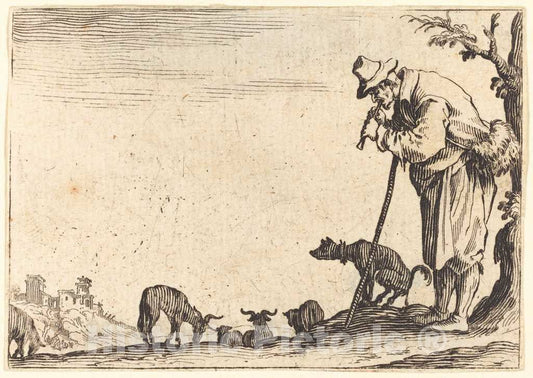 Art Print : Jacques Callot, Shepherd Playing Flute, c. 1622 - Vintage Wall Art