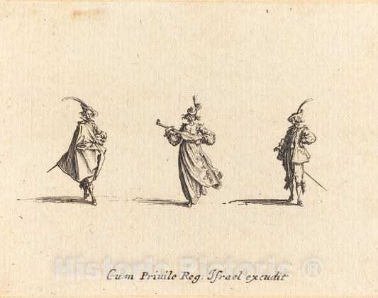 Art Print : Jacques Callot, Lady with String Instrument, and Two Gentlemen, 1634 - Vintage Wall Art