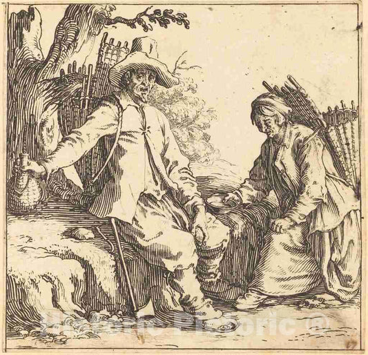 Art Print : Jacques Callot, Peasant Couple at Rest, c. 1621 - Vintage Wall Art