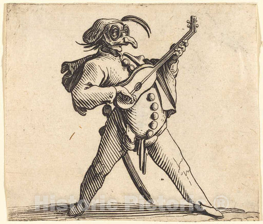 Art Print : Jacques Callot, The Masked Comedian Playing a Guitar, c. 1622 - Vintage Wall Art