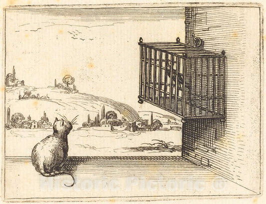 Art Print : Jacques Callot, Cat Watching Caged Bird, 1628 - Vintage Wall Art