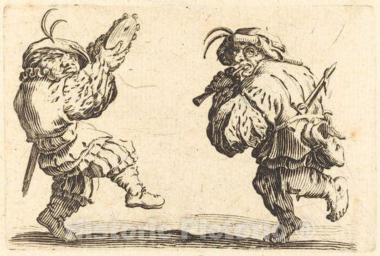 Art Print : Jacques Callot, Dancers with Flute and Tambourine, c. 1622 - Vintage Wall Art