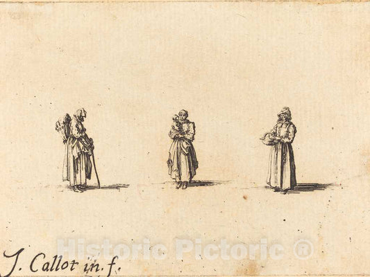 Art Print : Jacques Callot, Three Women, One Holding a Child, 1634 - Vintage Wall Art