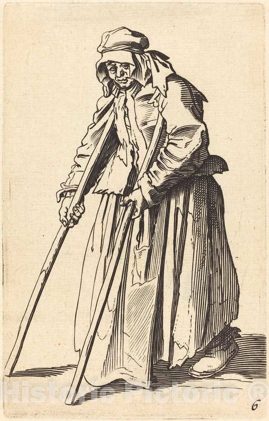 Art Print : Jacques Callot, Beggar Woman with Crutches - Vintage Wall Art