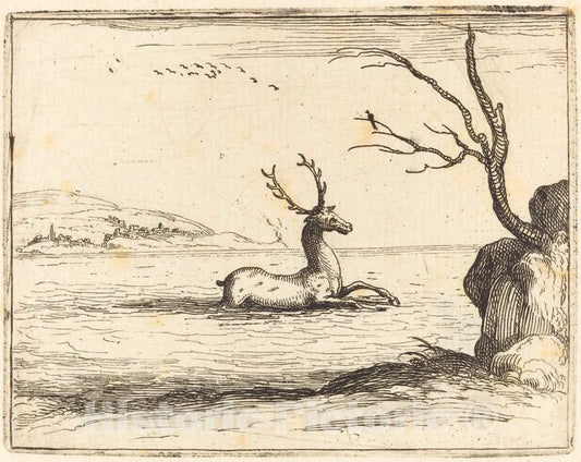 Art Print : Jacques Callot, Stag in The Water, 1628 - Vintage Wall Art