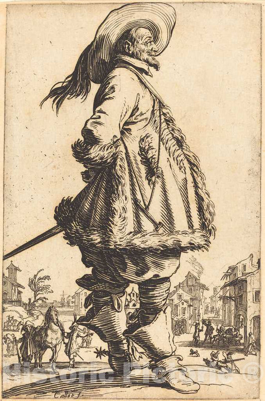 Art Print : Jacques Callot, Noble Man with Mantle Trimmed in Fur, Holding his Hands Behind his Back, c.1622 - Vintage Wall Art