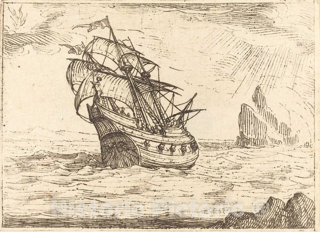 Art Print : Jacques Callot, Ship Navigating Near Rocks - Vintage Wall Art