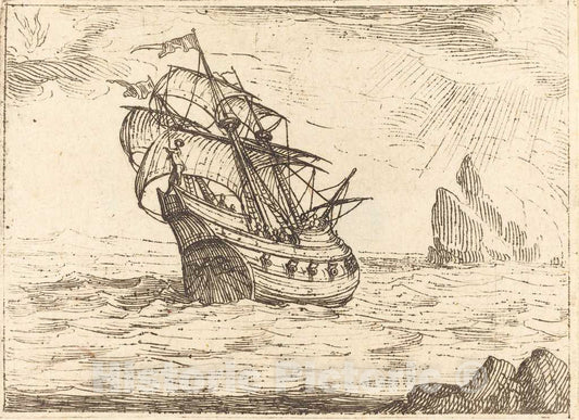 Art Print : Jacques Callot, Ship Navigating Near Rocks - Vintage Wall Art