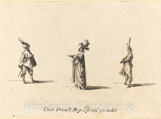 Art Print : Jacques Callot, Lady with Plumed Hat, and Two Gentlemen, 1634 - Vintage Wall Art
