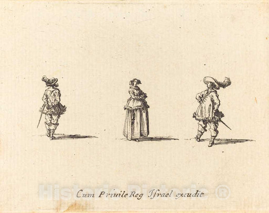 Art Print : Jacques Callot, Lady with Arms Folded, and Two Gentlemen, 1634 - Vintage Wall Art