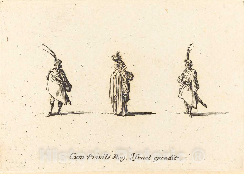 Art Print : Jacques Callot, Lady in Long Cloak, and Two Gentlemen, 1634 - Vintage Wall Art
