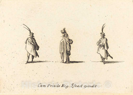 Art Print : Jacques Callot, Lady in Long Cloak, and Two Gentlemen, 1634 - Vintage Wall Art