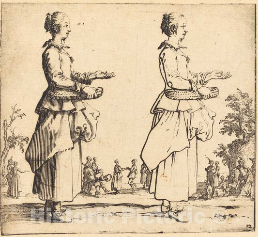Art Print : Jacques Callot, Peasant Woman with Basket, in Profile, Facing Right, 1617 and 1621 - Vintage Wall Art