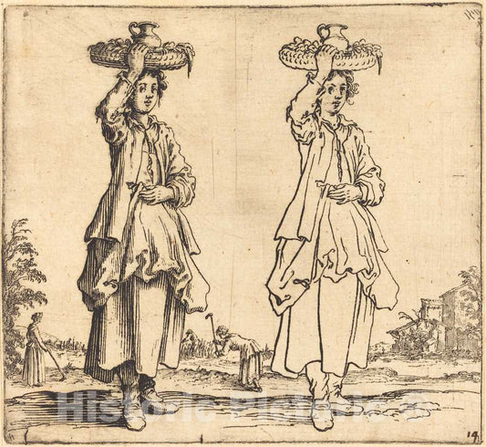 Art Print : Jacques Callot, Peasant Woman with Basket on Head, Front View, 1617 and 1621 - Vintage Wall Art