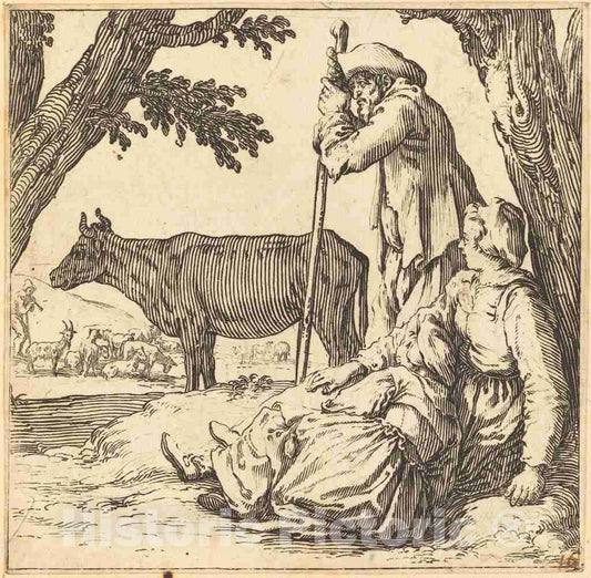 Art Print : Jacques Callot, Peasant Couple with Cow, c. 1621 - Vintage Wall Art