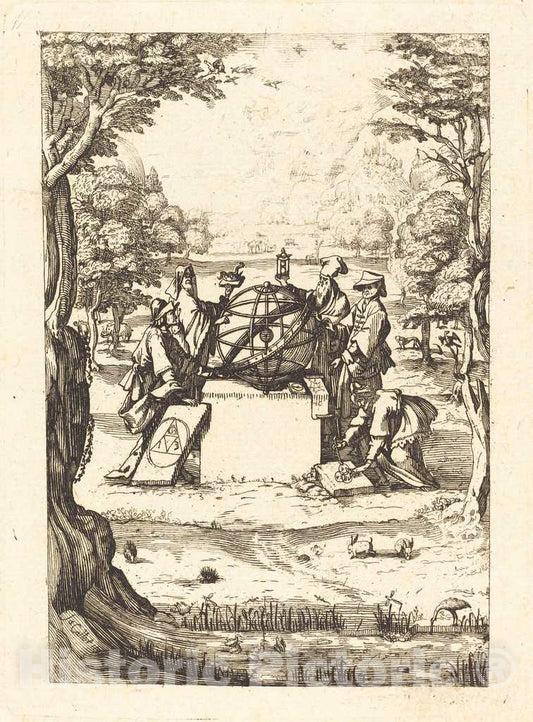 Art Print : Jacques Callot, Frontispiece for The Sacred Cosmologia (Title with Astrologers) - Vintage Wall Art