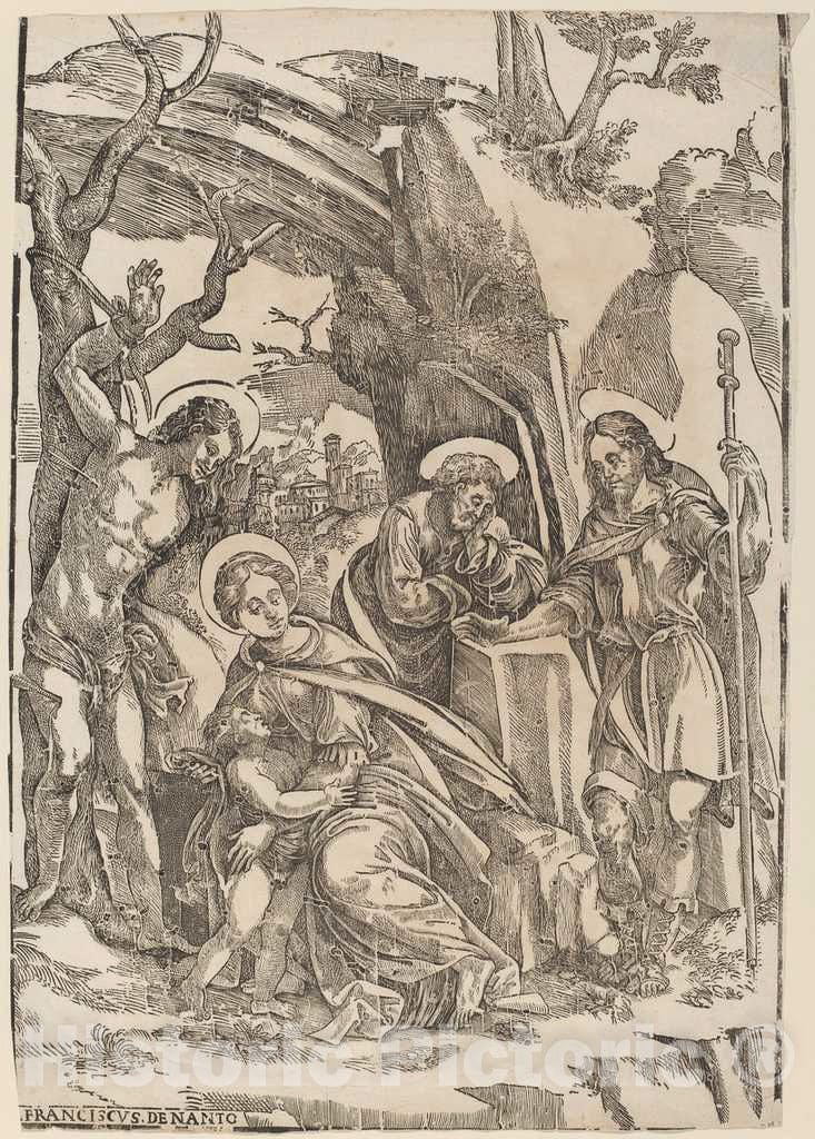 Art Print : Francesco Denanto, The Holy Family with Saint Sebastian and Saint Roch - Vintage Wall Art