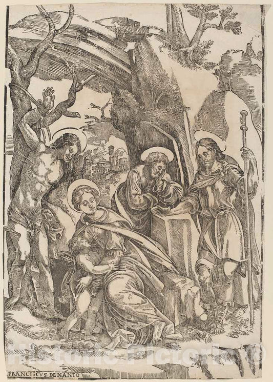 Art Print : Francesco Denanto, The Holy Family with Saint Sebastian and Saint Roch - Vintage Wall Art