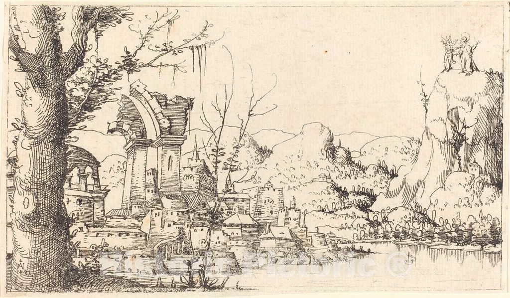 Art Print : Augustin Hirschvogel, River Landscape with The Temptation of Christ, 1545 - Vintage Wall Art